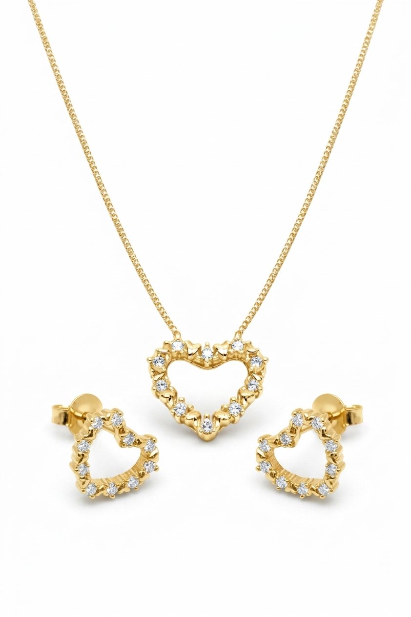 Conjunto Coração Cravejado Folheado a Ouro 18k