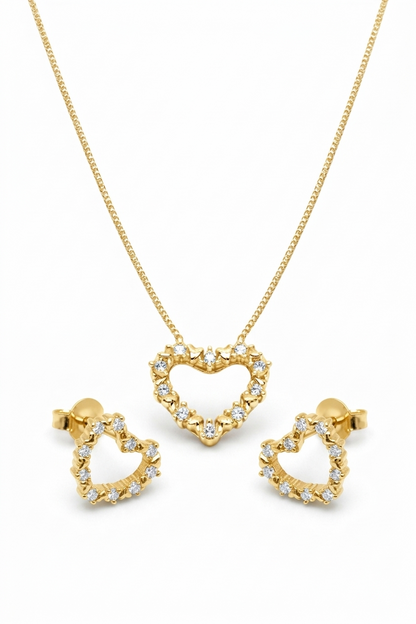 Conjunto Coração Cravejado Folheado a Ouro 18k