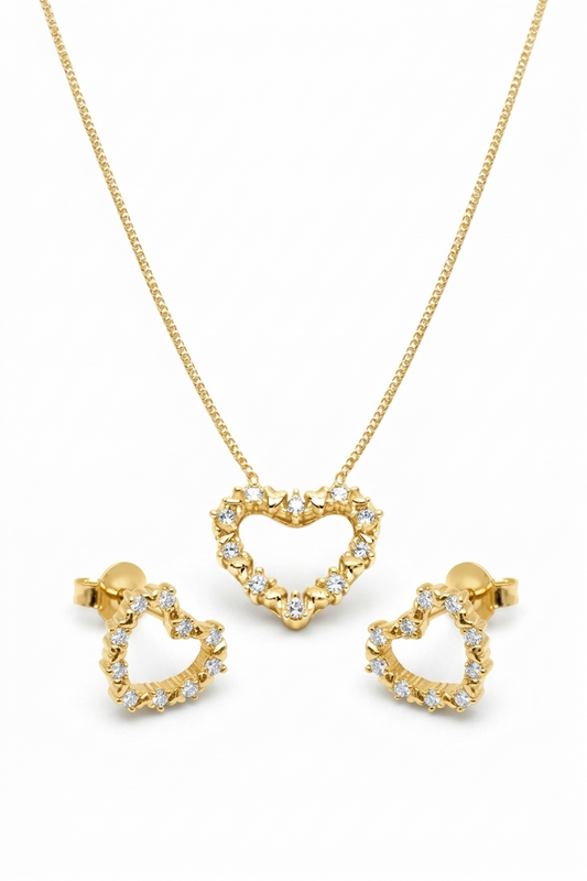 Conjunto Coração Cravejado Folheado a Ouro 18k