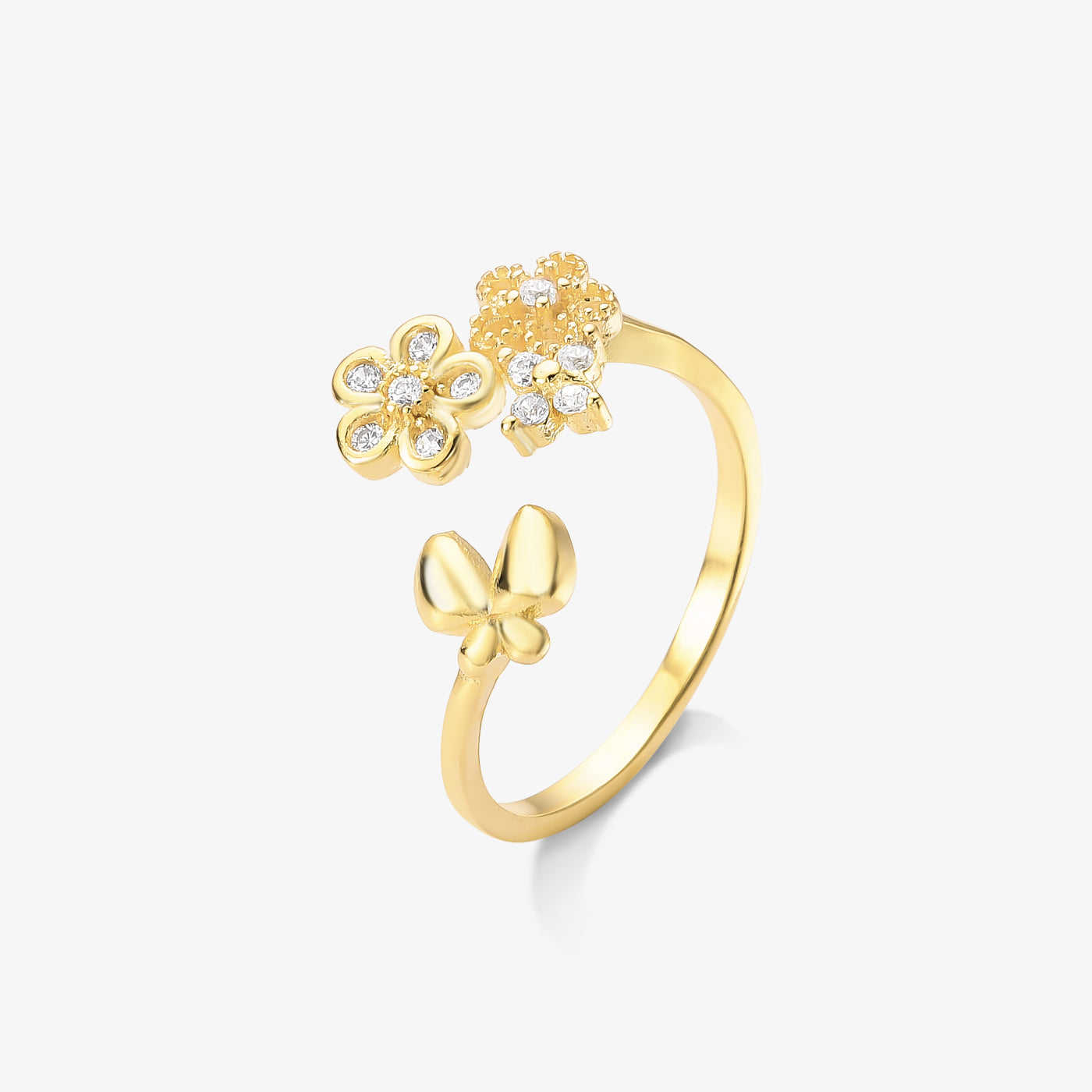Anel Regulável 3 Flores Cravejada com Borboleta Folheado a Ouro 18k