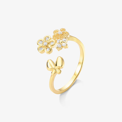 Anel Regulável 3 Flores Cravejada com Borboleta Folheado a Ouro 18k