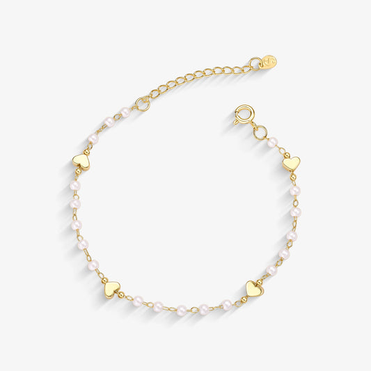 Pulseira Pérola e Corações Folheado a Ouro 18k