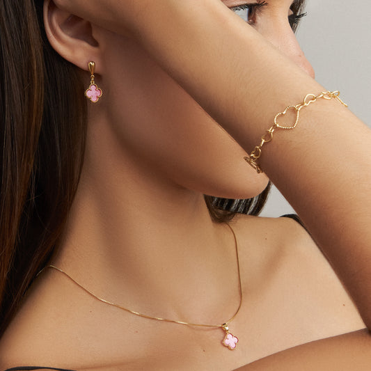 Colar Trevo Rosa Folheado a Ouro 18k