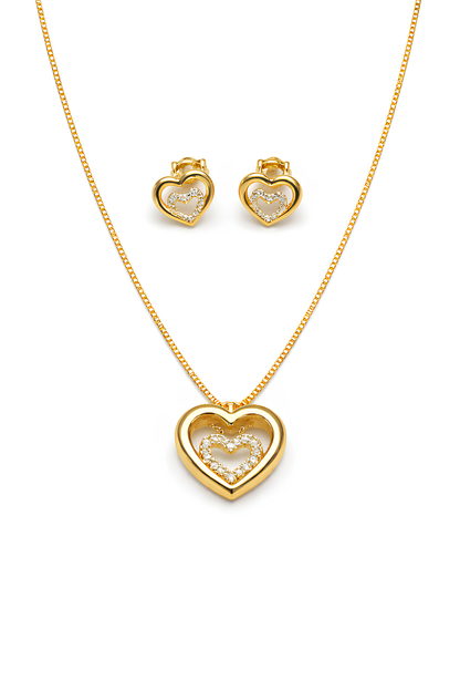 Conjunto Coração Duplo Folheado a Ouro 18k