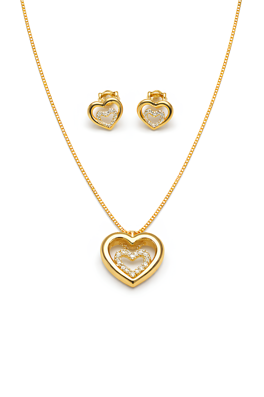 Conjunto Coração Duplo Folheado a Ouro 18k