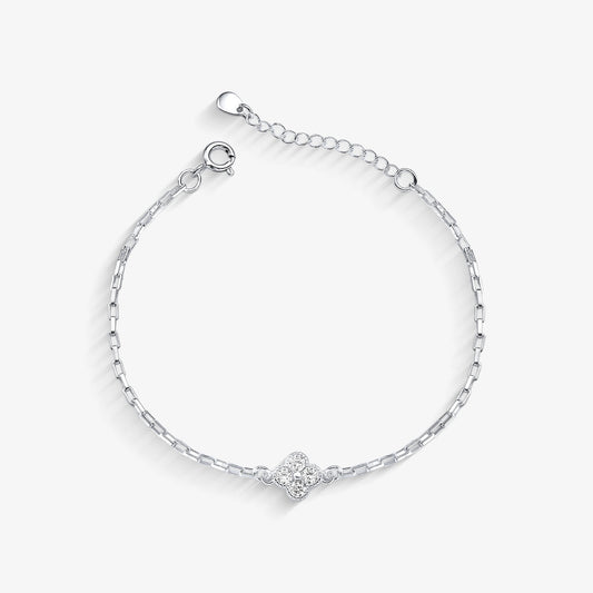 Pulseira Elo Quadrado Trevo de Cristal Folheado a Prata